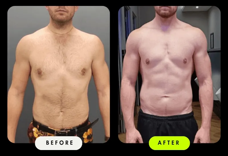 Before-and-after front torso comparison of a male Client — noticeably leaner with visible chest and abdominal definition after coaching with Coach Ronnie.
