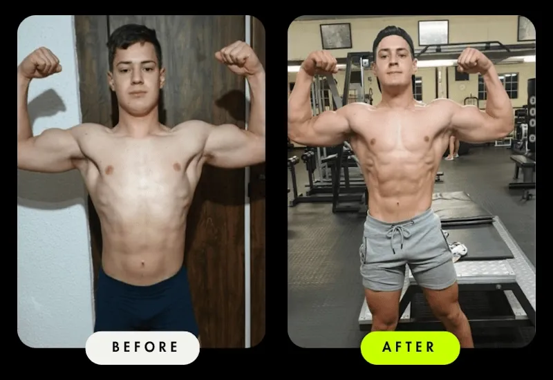 Before-and-after front comparison of a young male Client who gained 5 kg and dropped 8% body fat in 8 weeks with Coach Ronnie — visibly more muscular and defined.