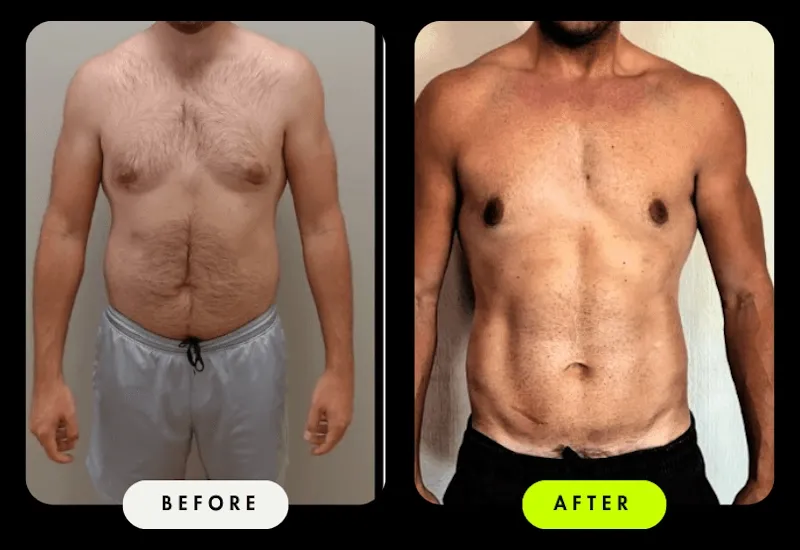 Before-and-after front comparison of a male Client — from a soft midsection to a lean stomach with clearly visible abs after coaching with Coach Ronnie.