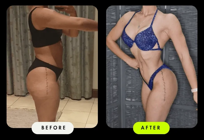 Before-and-after side profile of a female Client — leaner and more defined, stage-ready in a competition bikini after coaching with Coach Ronnie.