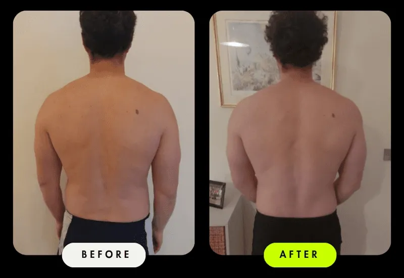 Before-and-after back view of a male Client — improved back muscle tone and posture after coaching with Coach Ronnie.