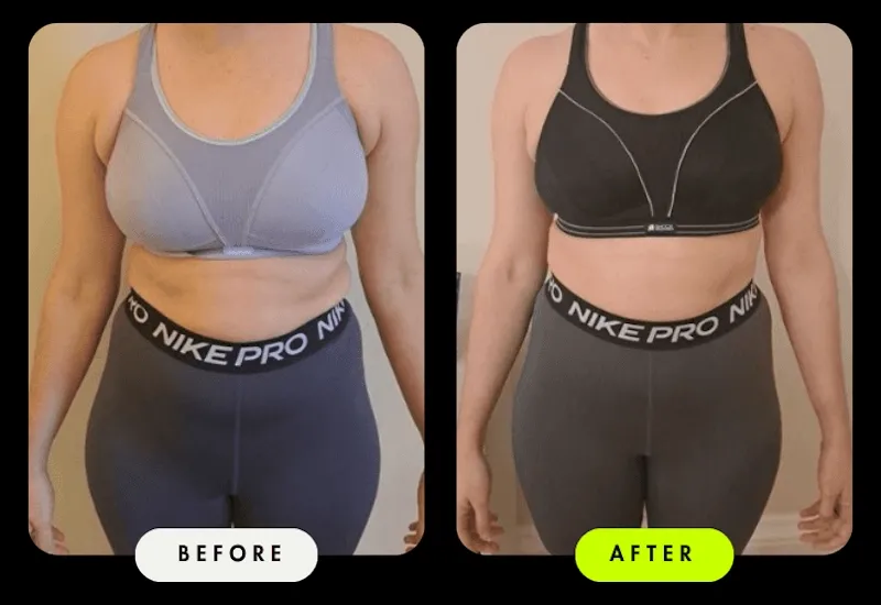 Before-and-after front comparison of a female Client — a slimmer waist and more toned midsection after coaching with Coach Ronnie.