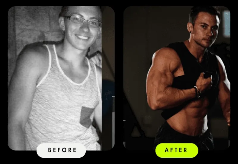 Before-and-after comparison of a male Client — from an untrained physique to a lean, muscular build after coaching with Coach Ronnie.