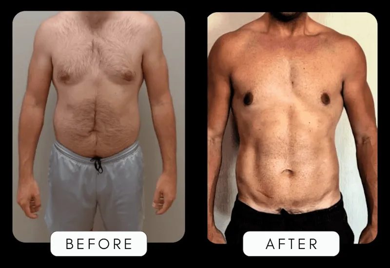 Before-and-after front comparison of a male Client — a softer midsection replaced by a flatter stomach and visible abs after coaching with Coach Ronnie.