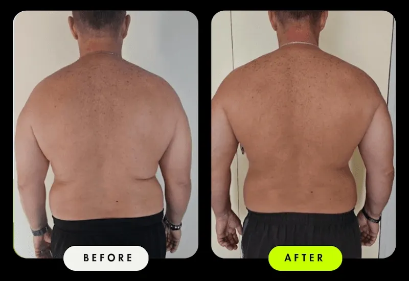 Before-and-after back view of a male Client — reduced waist and lower-back fat with more muscle definition after coaching with Coach Ronnie.