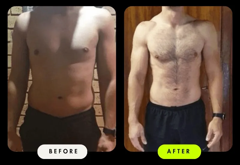 Before-and-after front comparison of a male Client who lost 7 kg in 6 months with Coach Ronnie — a leaner torso with more chest and arm definition.
