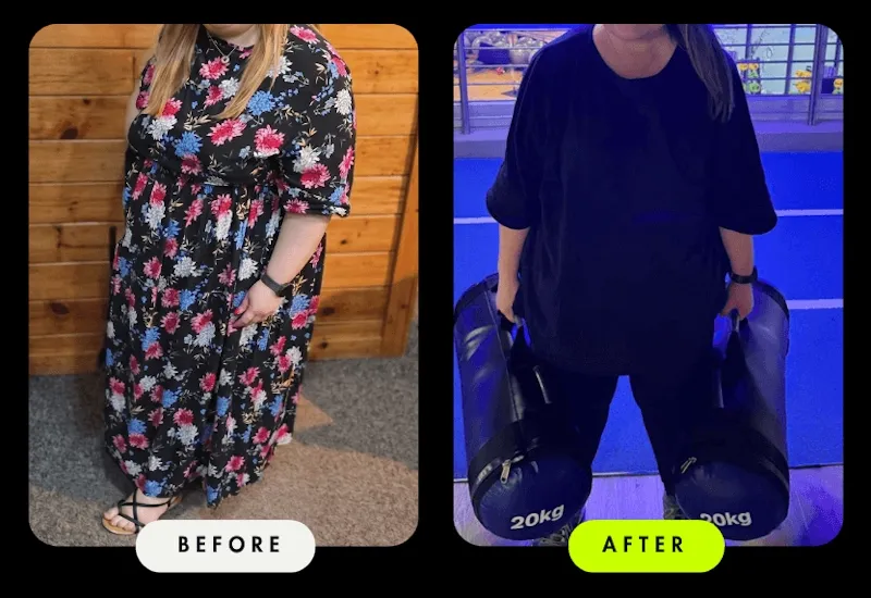 Before-and-after comparison of a female Client who lost 42 kg since January with Coach Ronnie, holding two 20 kg training bags in the after photo.