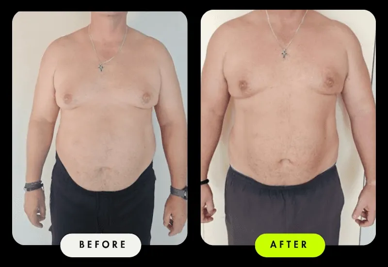 Before-and-after front comparison of a male Client — a slimmer waist and firmer torso after coaching with Coach Ronnie.
