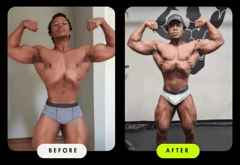 Before-and-after front double-biceps pose of a male Client — a much fuller, more conditioned muscular build after coaching with Coach Ronnie.