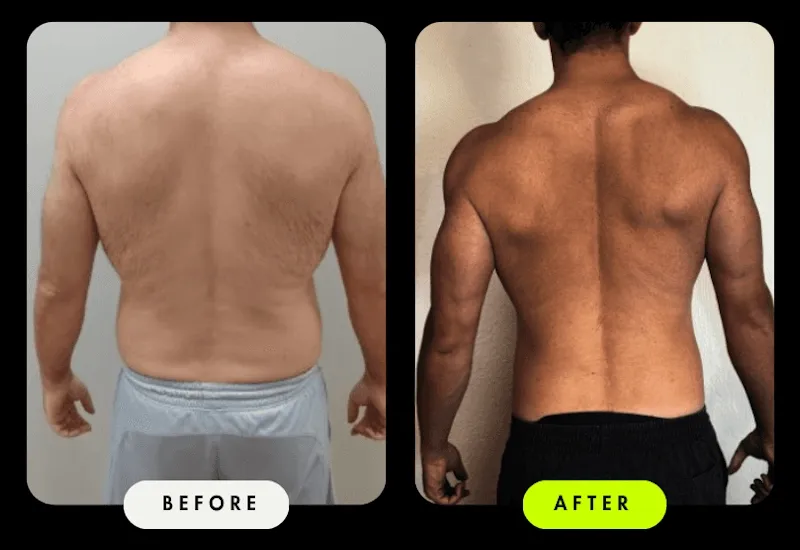 Before-and-after back view of a male Client — leaner with more defined back and shoulder muscles after coaching with Coach Ronnie.
