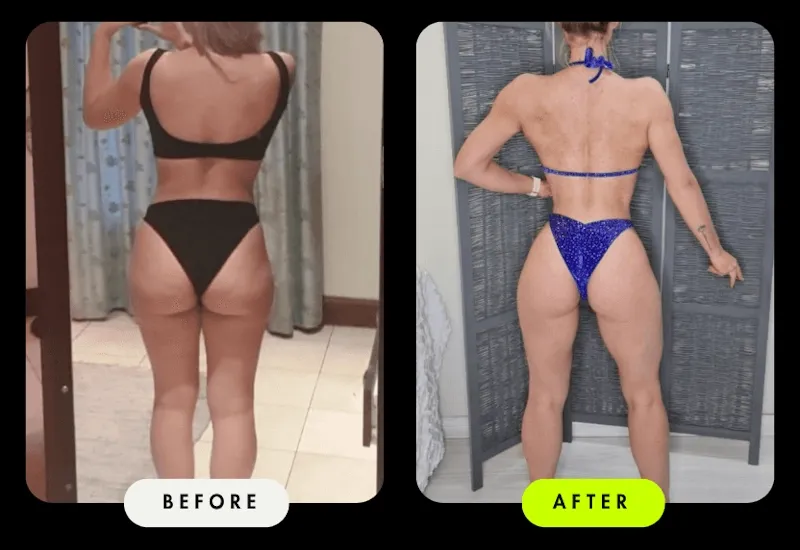 Before-and-after back view of a female Client — a more muscular, stage-ready physique in a competition bikini after coaching with Coach Ronnie.